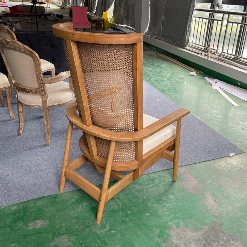 Elegant Rattan Cane High Back Solid Oak Wood Living Room Accent Chair