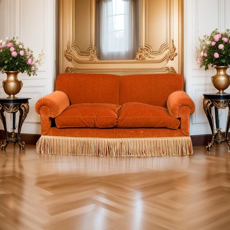 Mid-Century American Rust Velvet Fringed Sofa for Elegant Living Spaces