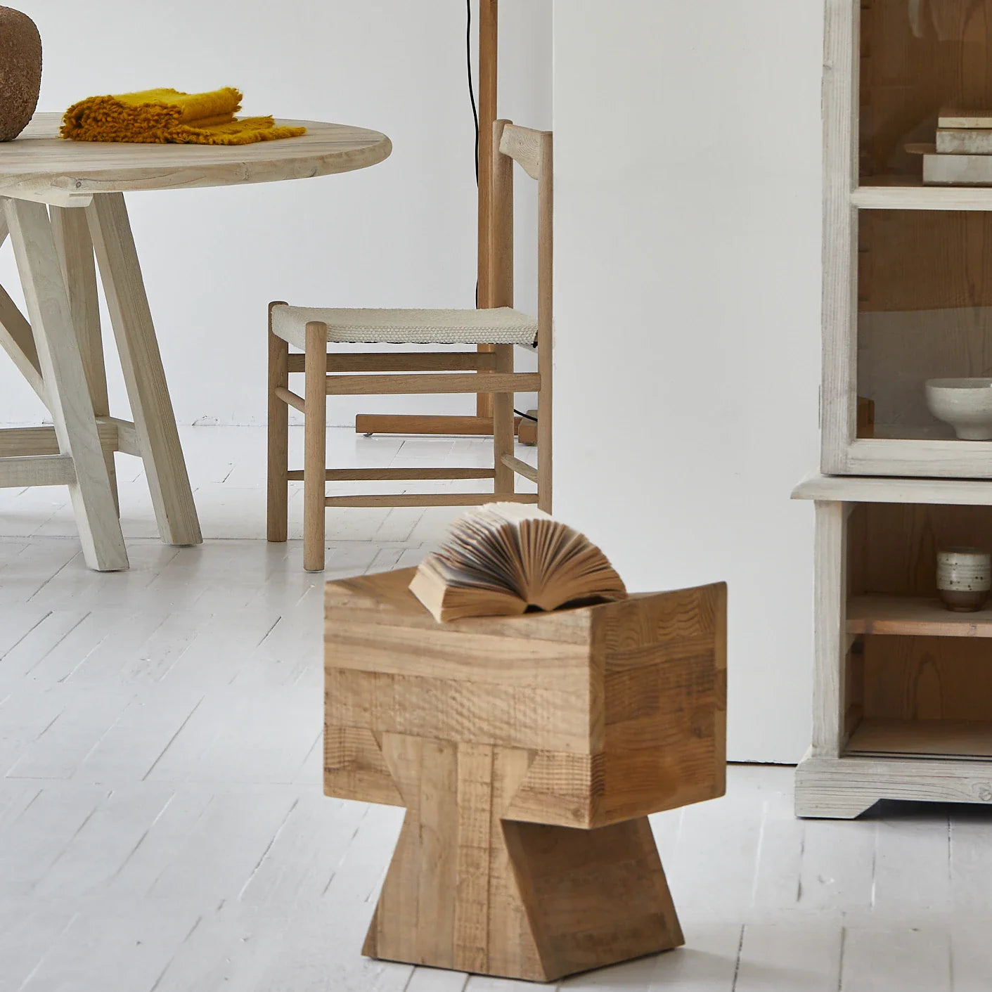 Natural Brushed Recycled Wood Foot Stool for Living Room Furniture