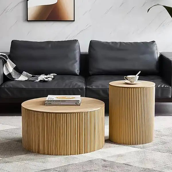 Elegant Fluted Barrel Oak Coffee Table with Storage for Living Room