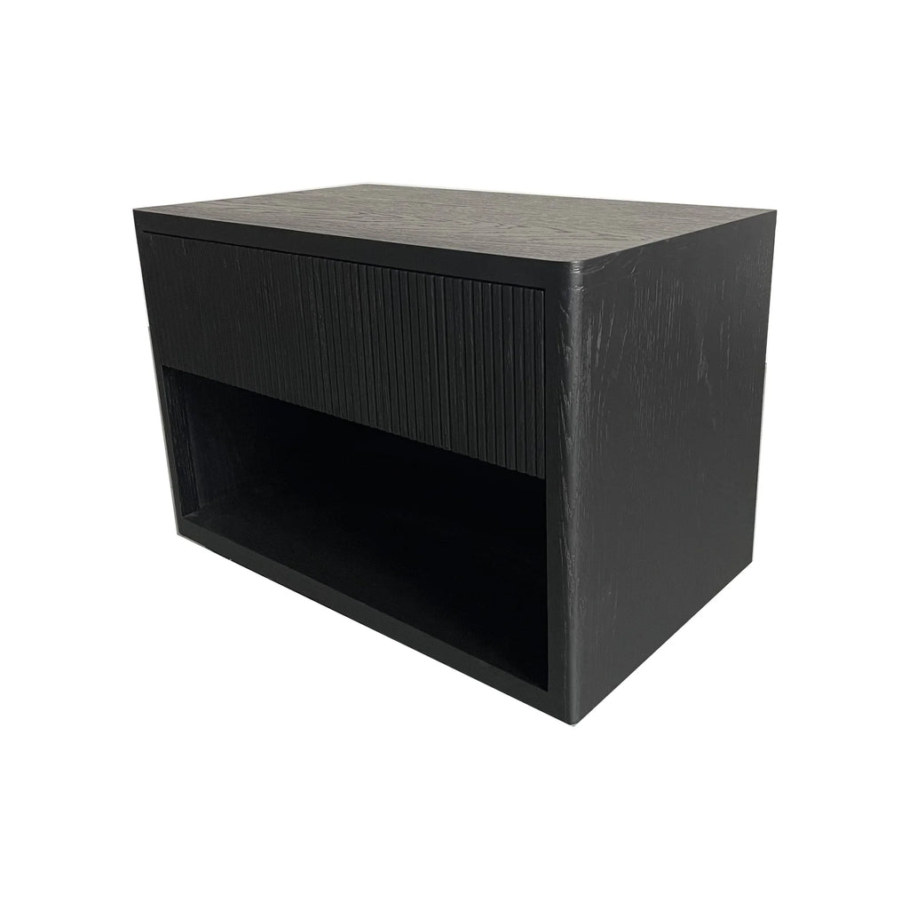 Elegant Black Modern Oak Fluted One-Drawer Nightstand with Barrel Design for Bedroom