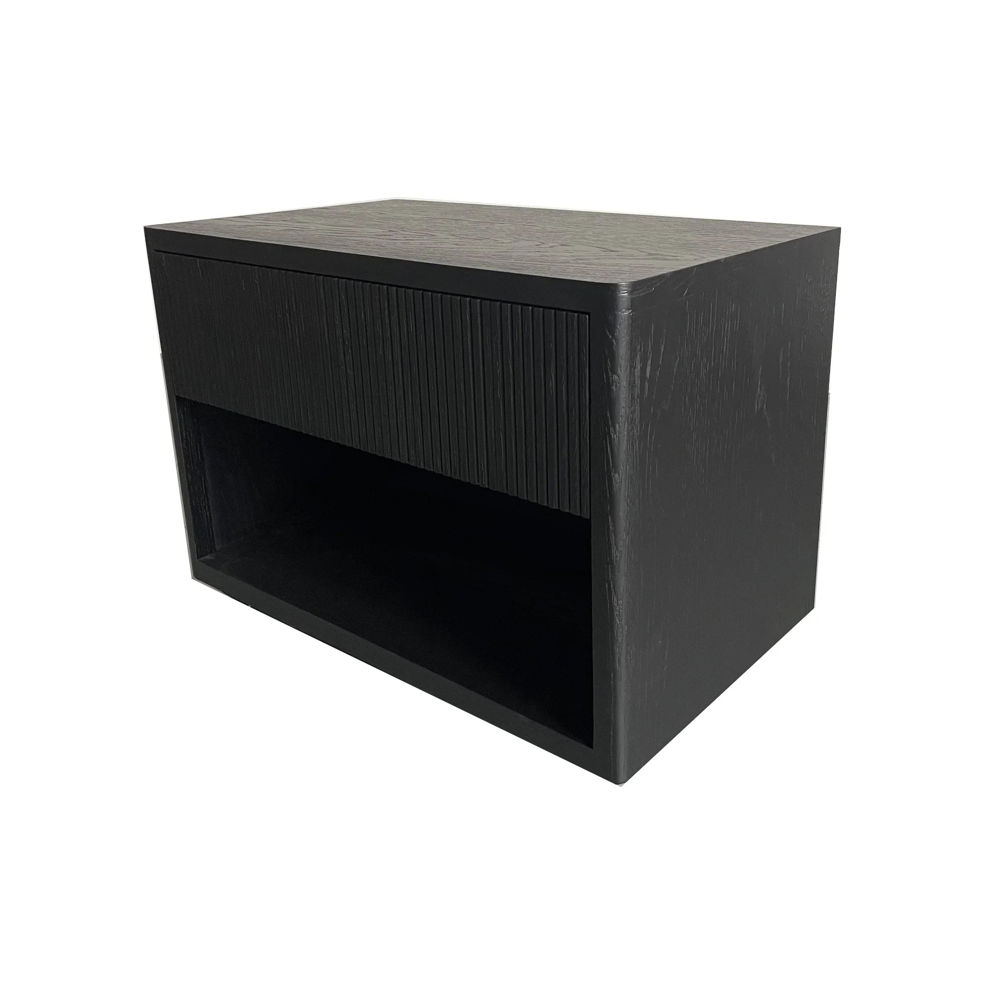 Elegant Black Modern Oak Fluted One-Drawer Nightstand with Barrel Design for Bedroom