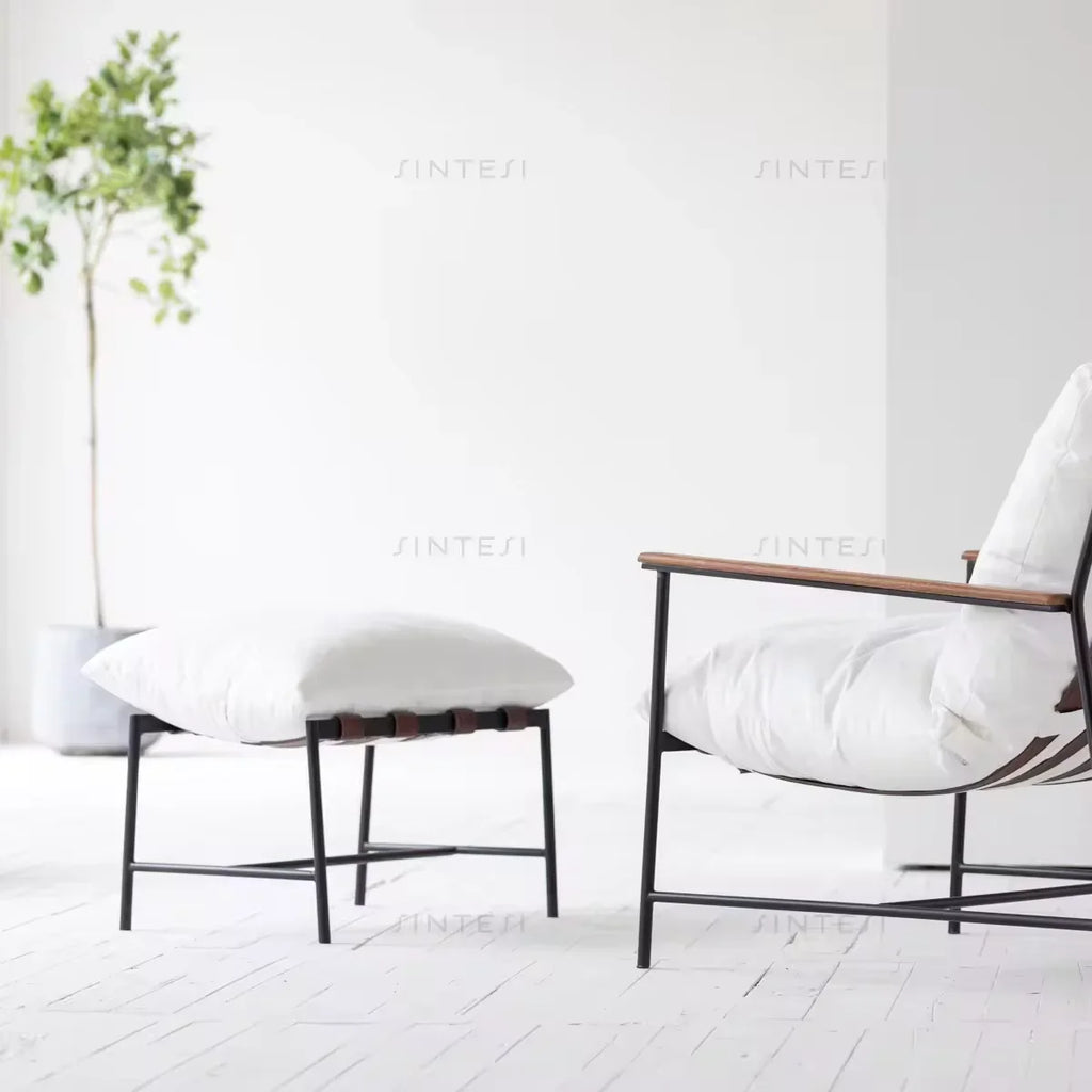 Modern Scandinavian Steel Fabric Lounge Chair with White Cushion Ottoman for Living Room