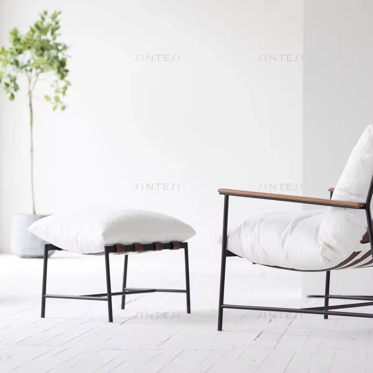 Modern Scandinavian Steel Fabric Lounge Chair with White Cushion Ottoman for Living Room