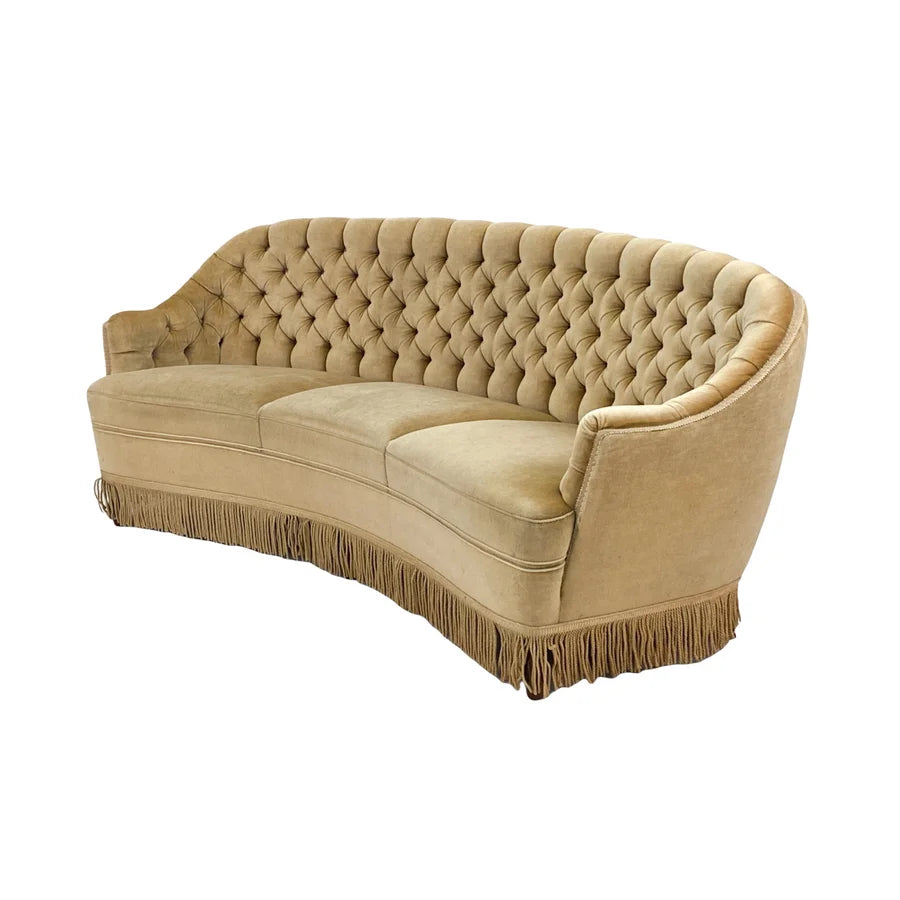 Luxurious French Velvet Curved Button Tufted Three-Seater Salon Sofa