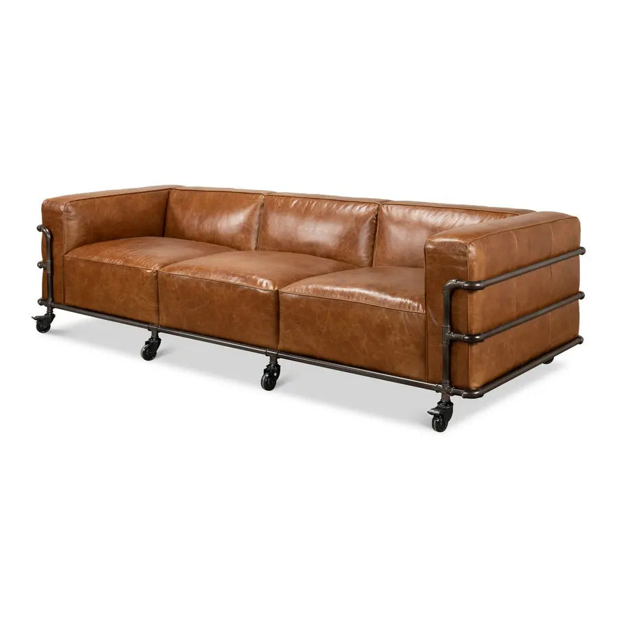 Vintage Industrial Faux Leather Sofa, Cast Iron Wheels, Aged Living Room Couch