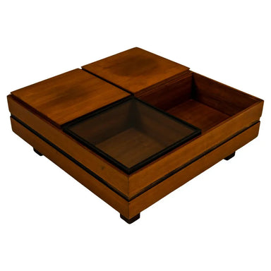 Elegant Mid-Century Modern Tempered Glass Teak Wood Storage Coffee Table