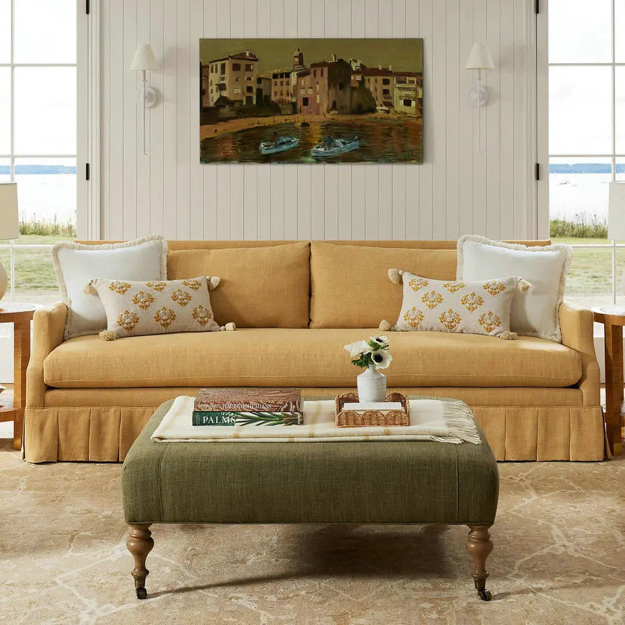Elegant Cream Linen Fabric Sofa with Ruffled Skirt, Plush Living Room Comfort