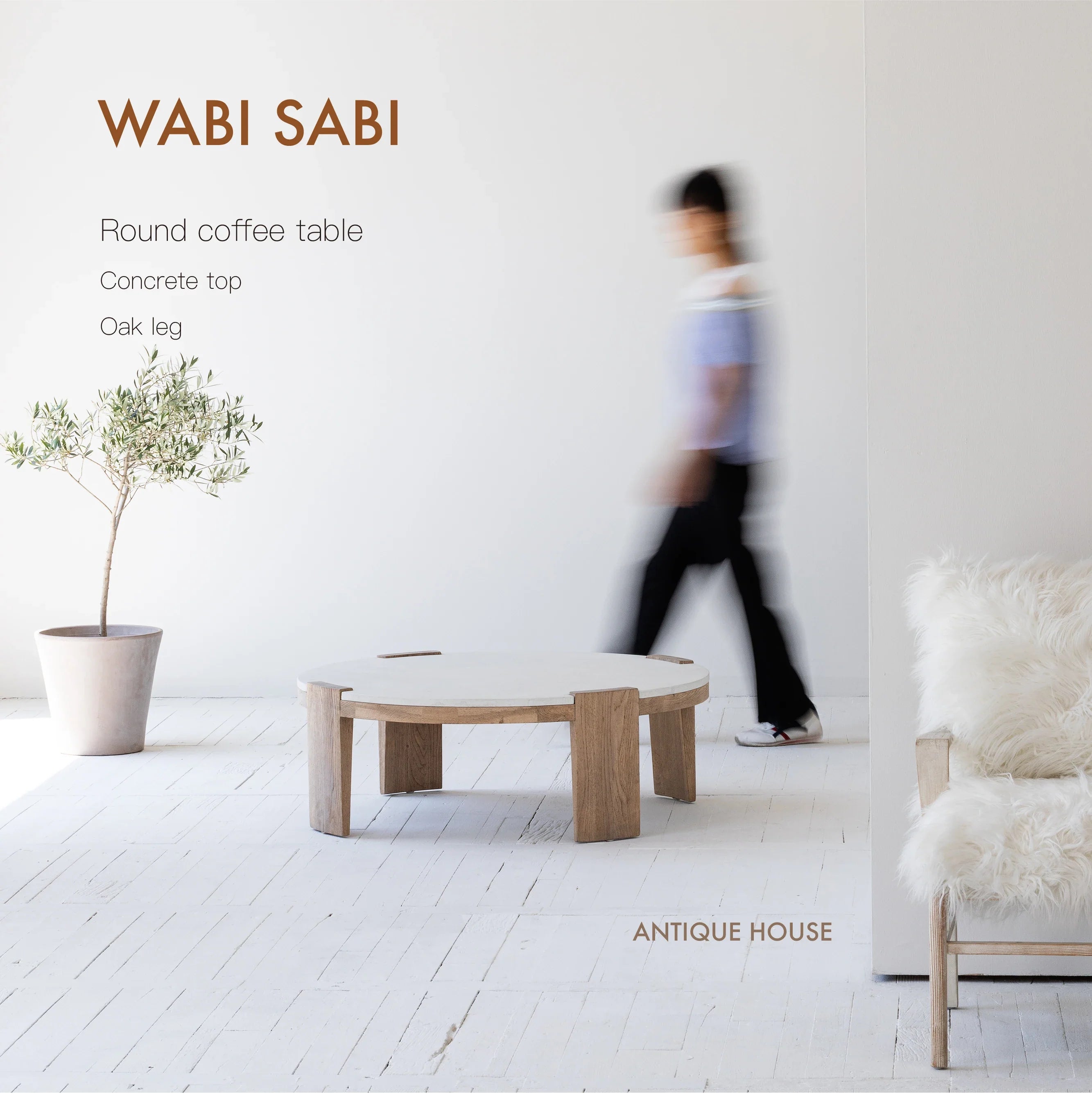 Artisan Round Concrete Coffee Table, Natural Oak Legs, Modern Industrial Design