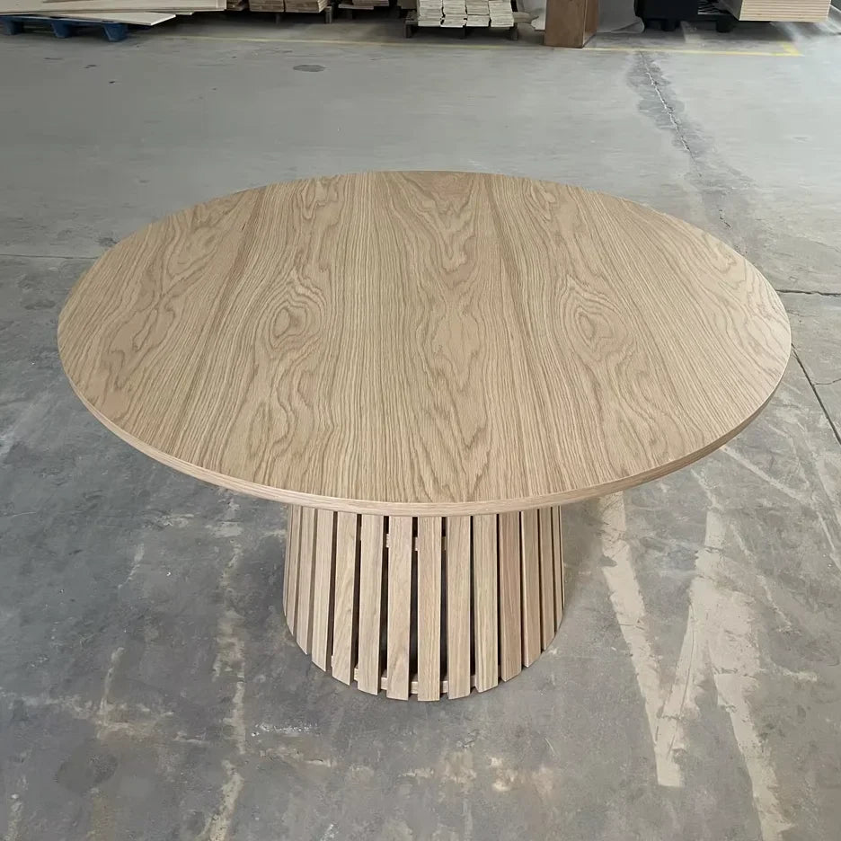 Modern Round Oak Wood Dining Table, Slatted Base, Event Ready, Natural Color