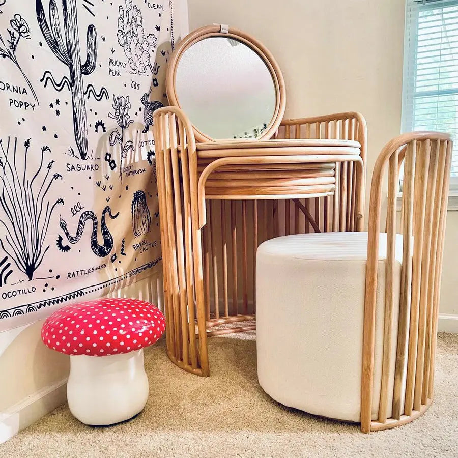 Elegant Rattan Vanity Dressing Table Set with Round Mirror and Matching Stool