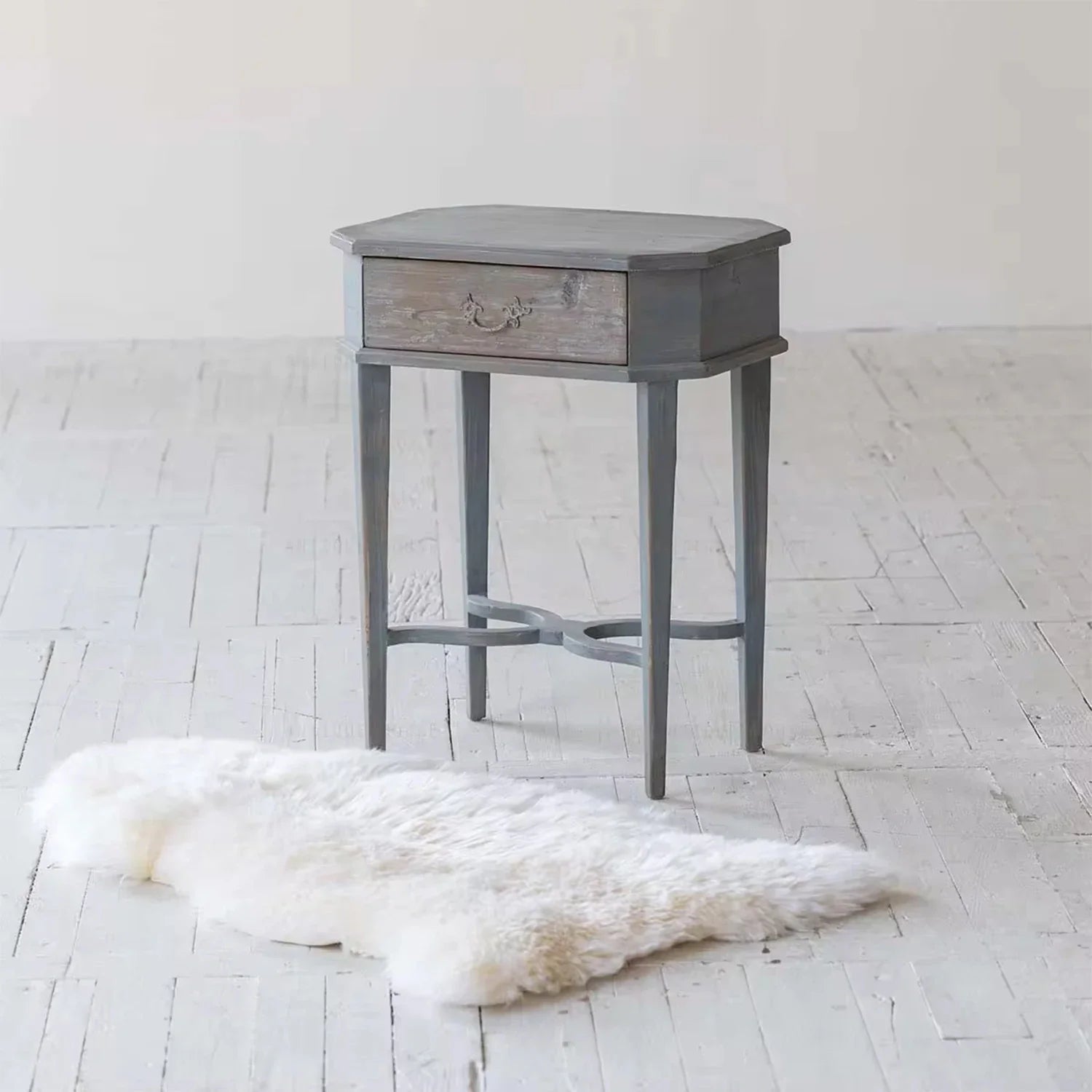 Chic French Vintage Recycled Pine Wood Nightstand with Drawer - Antique Blue Finish