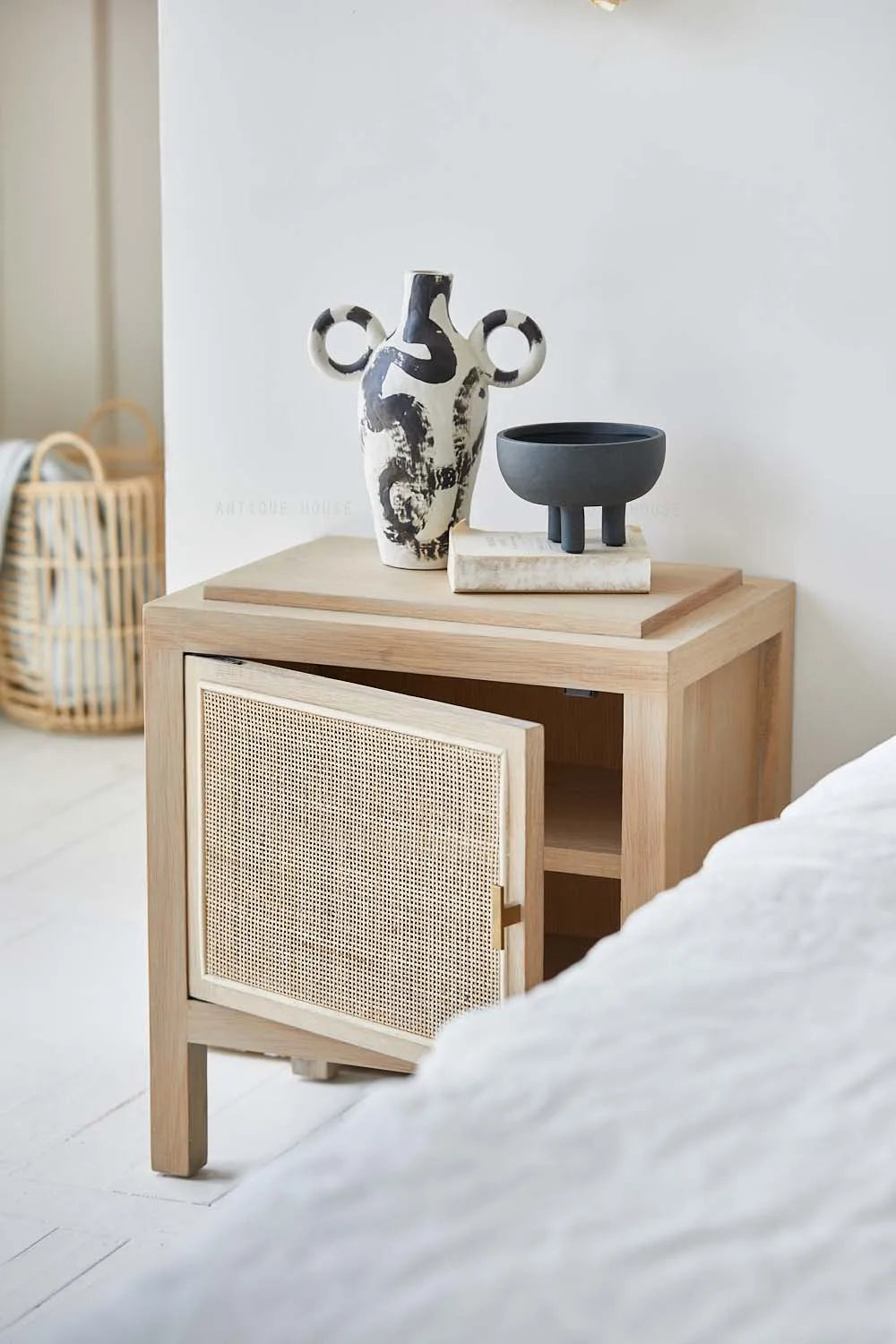 Boho Organic Japandi Oak Rattan Bedside Cabinet - Rustic Bedroom Wood Nightstand
