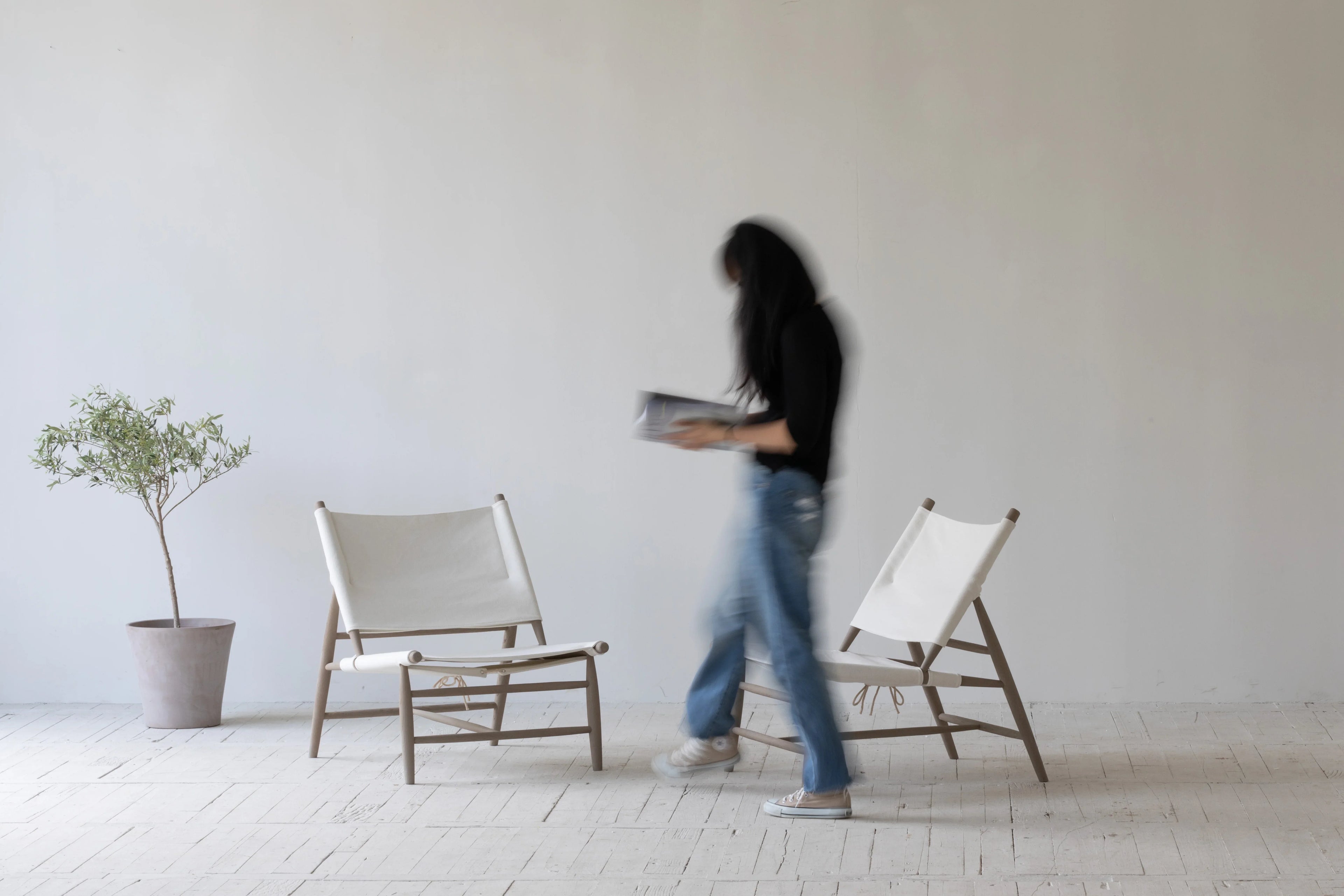 Wabi-Sabi Mid-Century Modern Oak Wood Accent Chair with Natural Canvas