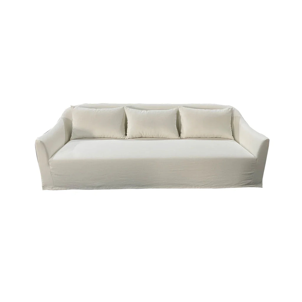 Modern White Linen Upholstered 3-Seater Sofa Couch with Solid Wood Frame