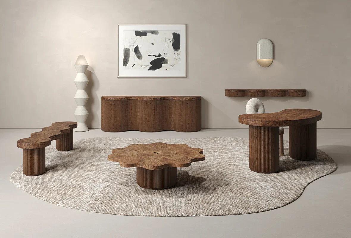 Elegant Nordic Fluted Oak Wood Bench with Burl Top - Modern Home Seating