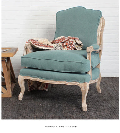 Elegant French Rattan Wicker Back Leisure Chair, Solid Oak Wood Frame