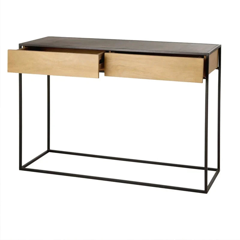 Elegant Black Metal Frame Console Table with Oak Wood Drawers for Modern Homes