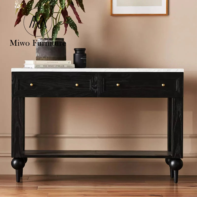 Modern Wooden Entryway Table with Marble Mirrored Drawer Console Table