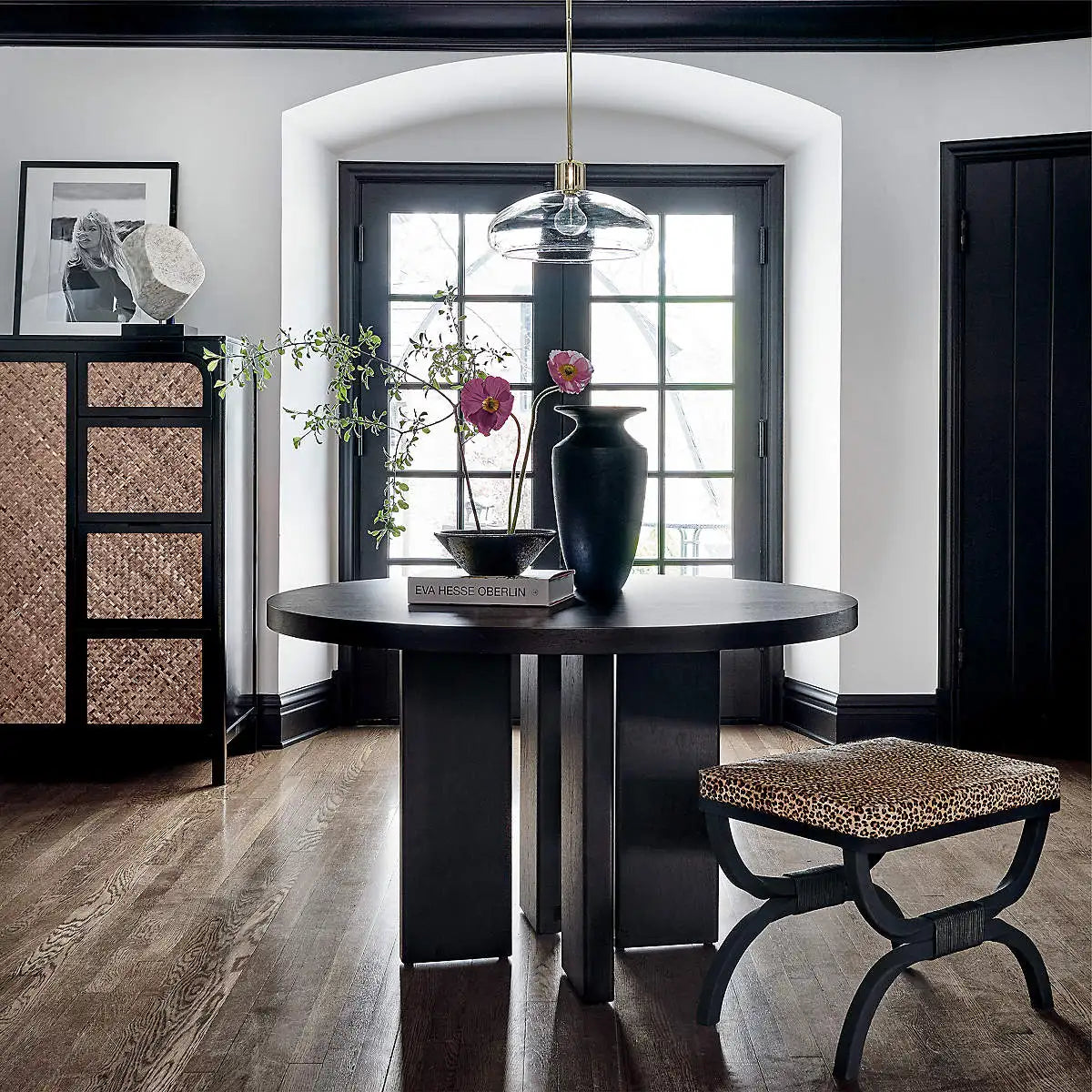 Modern Round Oak Wood Dining Table, Geometric Black Legs, Stylish Design