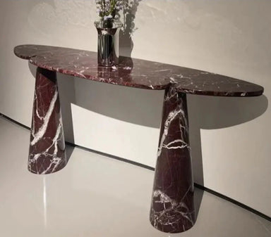 Elegant Natural Red Marble Oval Console Table, Durable Stone Furniture for Entryway