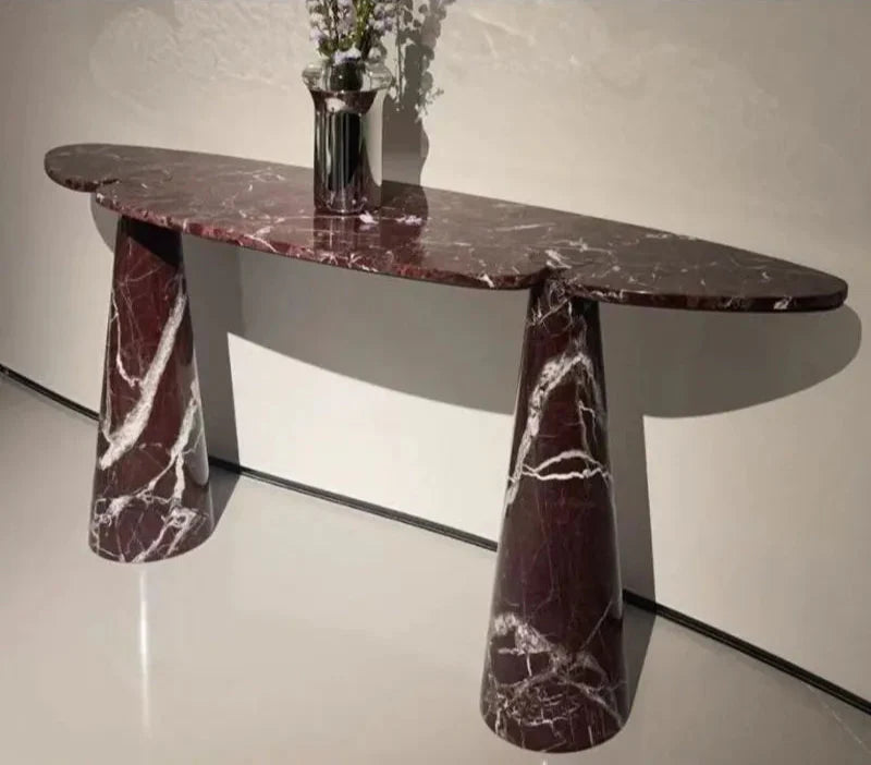Elegant Natural Red Marble Oval Console Table, Durable Stone Furniture for Entryway