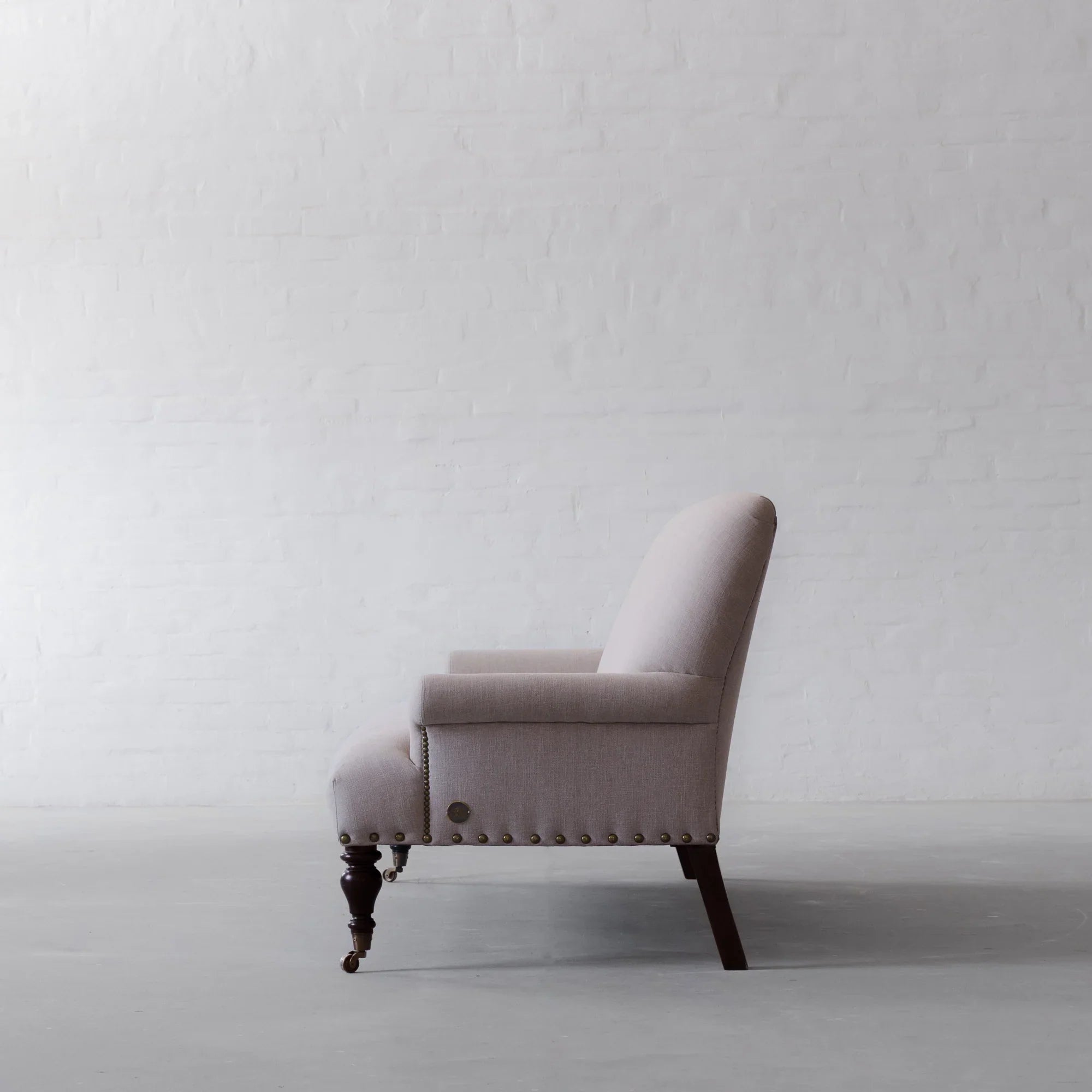 Elegant French Carved Oak Linen 2-Seater Sofa with Nailhead Trim