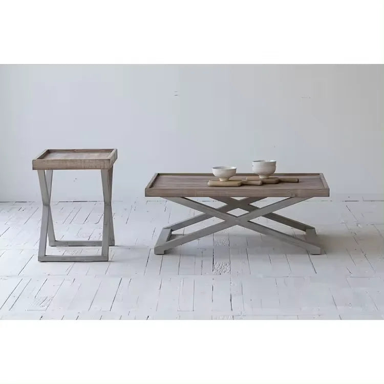 French Country Rustic Recycled Pine Coffee Table, Hand-Painted Dual Tone, Vintage Design