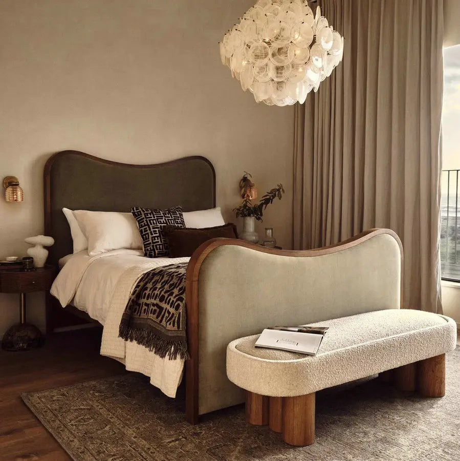 Stylish Fabric Upholstered Ottoman Bench, Modern Wooden Bed End Stool