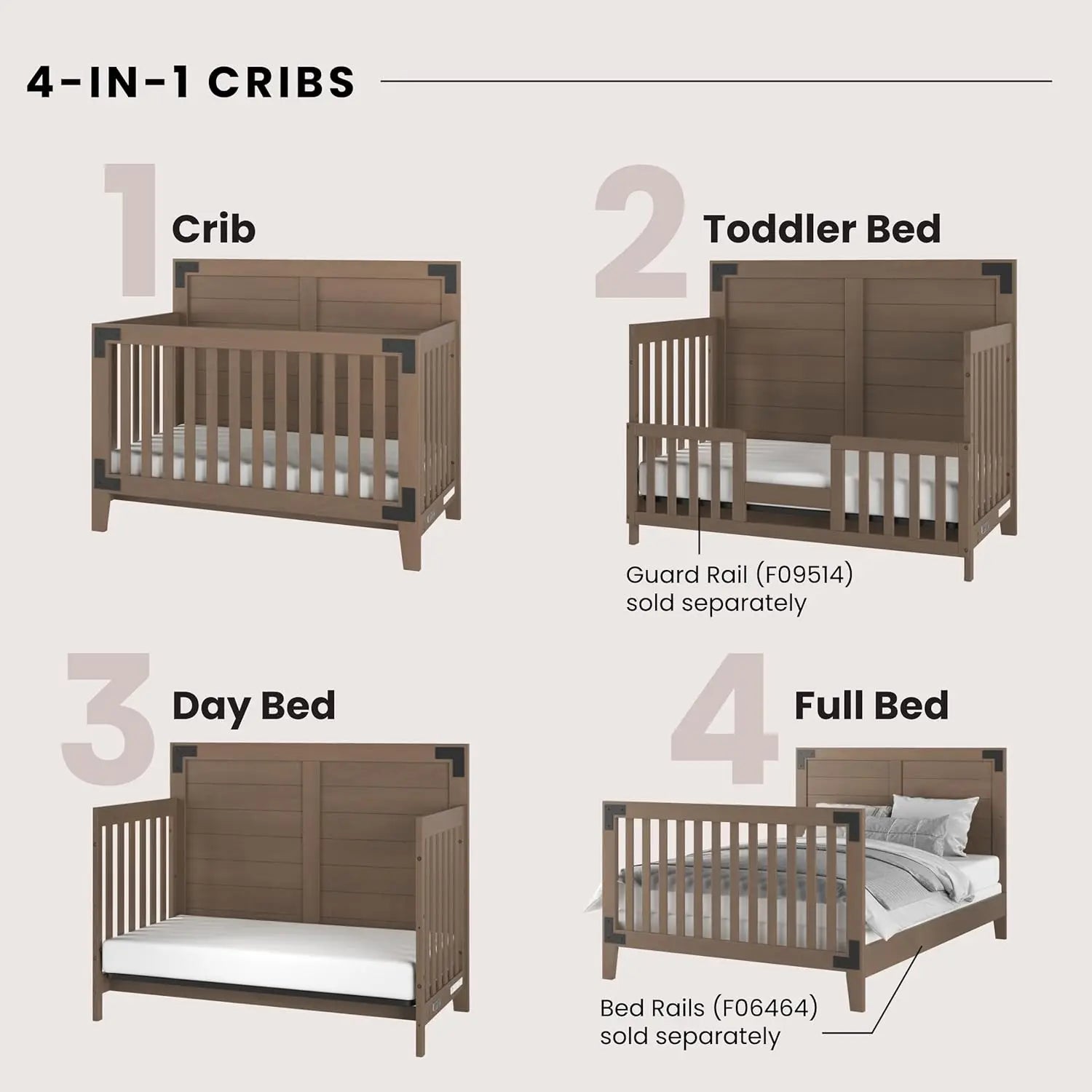 4-in-1 Convertible Baby Crib, Non-Toxic Finish, Adjustable Mattress, Day Bed