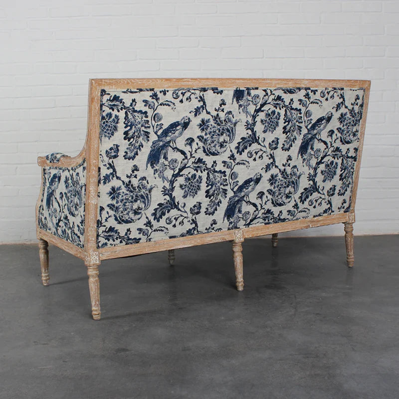 Chic French Solid Oak 2-Seat Upholstered Linen Sofa for Events & Home