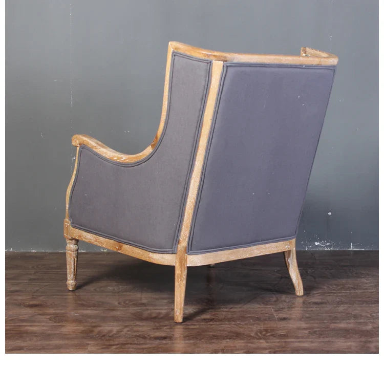 French Country Solid Oak Linen Armchair - Antique Accent Living Room Sofa