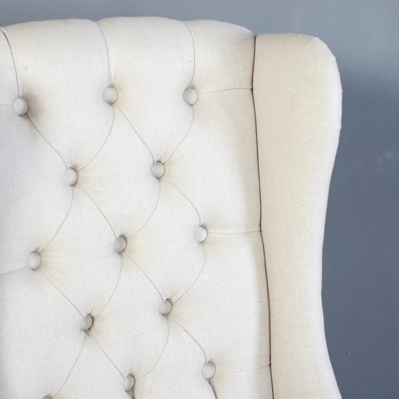 Luxurious French Wingback Linen Tufted Dining Chair, Solid Oak Frame