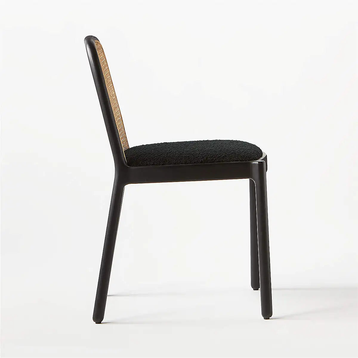 Elegant Black Oak Wood Rattan Cane Back Boucle Upholstered Dining Chair Comfortable