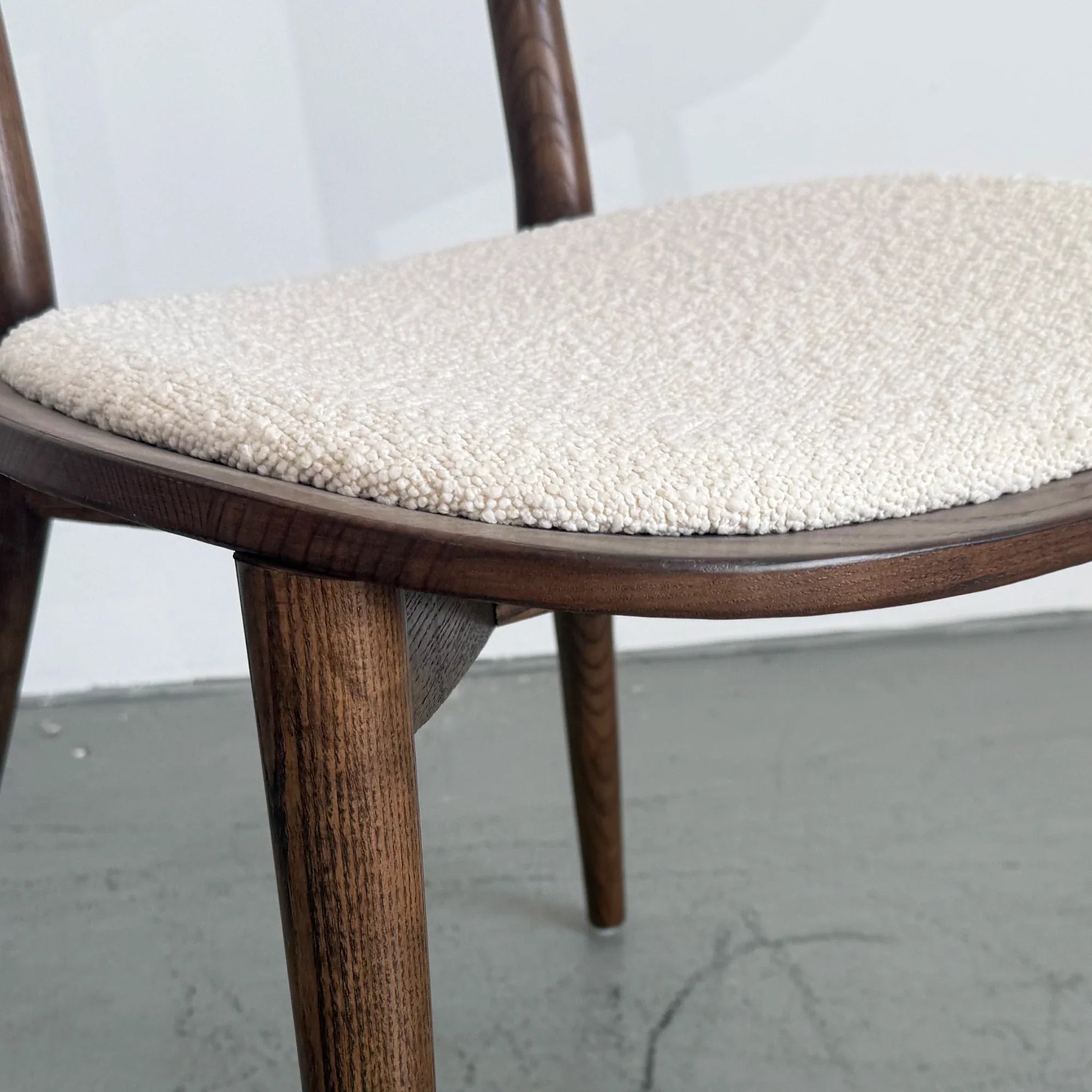 Contemporary Solid Oak Walnut Finish Dining Chair with Plush Boucle Upholstery