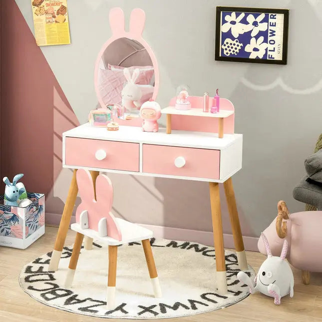 Kids Wooden Vanity Dressing Table & Chair Set with Mirror for Play