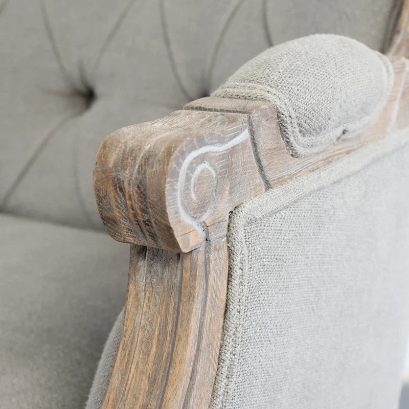 Luxurious French Carved Oak Armchair, Vintage Linen Tufted Accent Chair