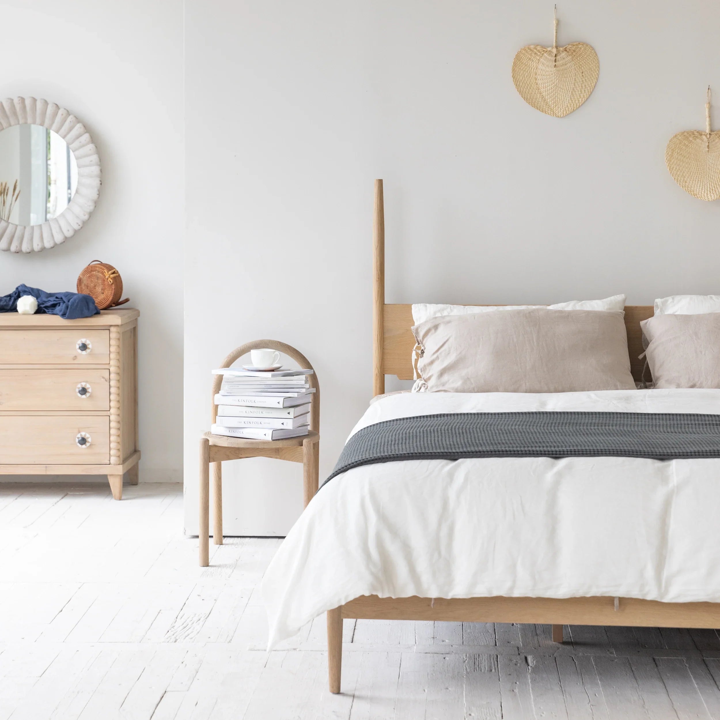 Wabi-Sabi Oak Queen Bed: Modern Geometric Design, Classic Vintage Bedroom Furniture
