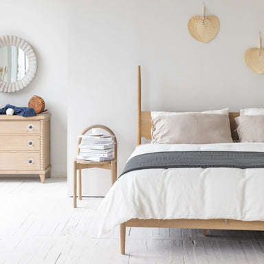 Wabi-Sabi Oak Queen Bed: Modern Geometric Design, Classic Vintage Bedroom Furniture