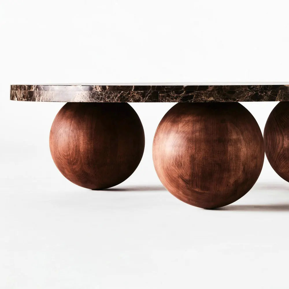 Elegant Round Emperador Marble Coffee Table with Unique Beech Wood Ball Base