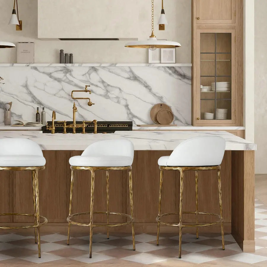 Vintage White Faux Leather Swivel Counter Stool with Brass Accents Barstool