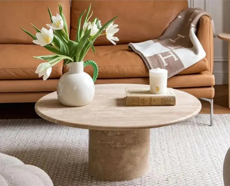Premium Solid Natural Beige Travertine Round Coffee Table for Chic Interiors
