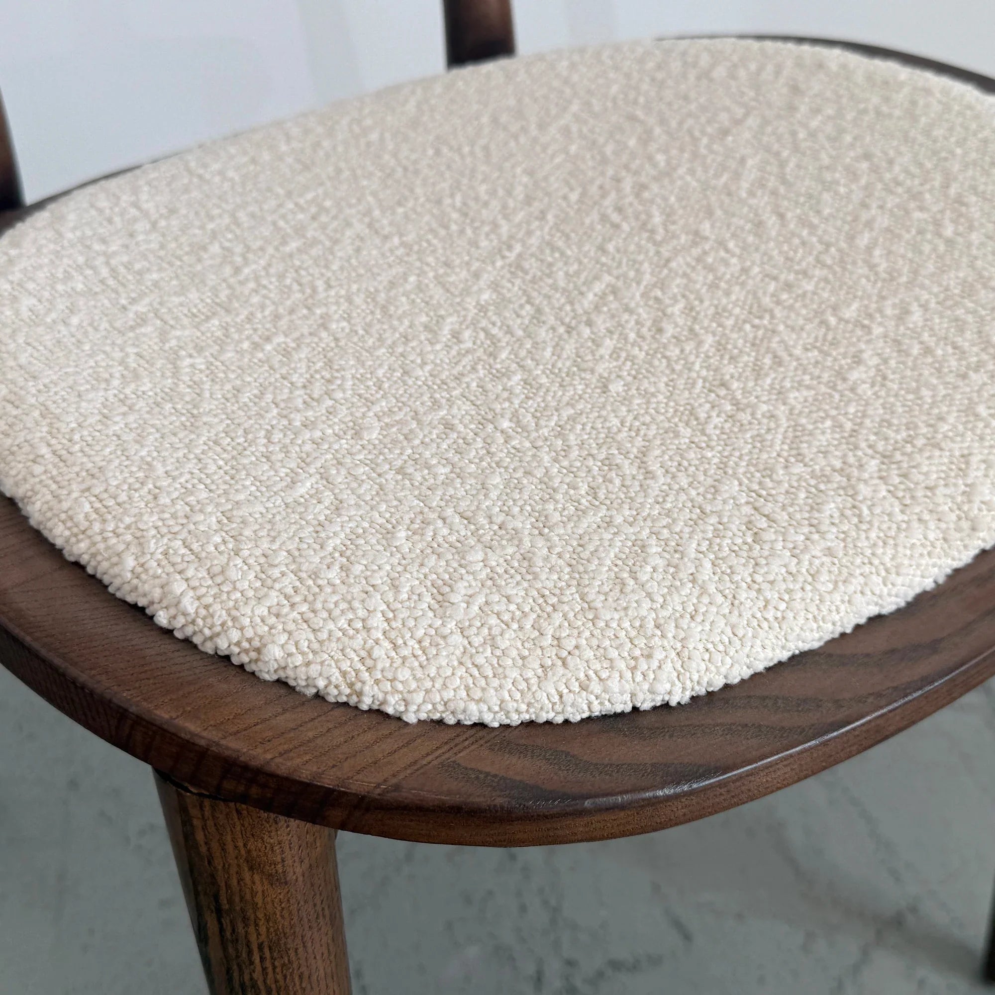 Contemporary Solid Oak Walnut Finish Dining Chair with Plush Boucle Upholstery