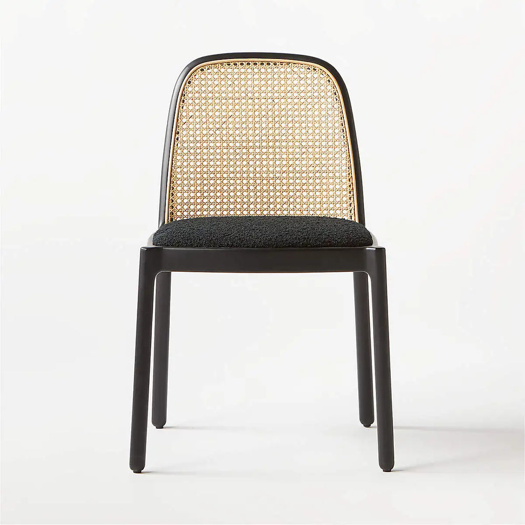 Elegant Black Oak Wood Rattan Cane Back Boucle Upholstered Dining Chair Comfortable