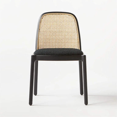 Elegant Black Oak Wood Rattan Cane Back Boucle Upholstered Dining Chair Comfortable