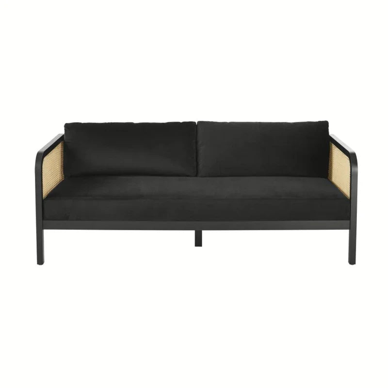 Elegant Oak Cane Back Velvet 3-Seater Sofa | Luxury Living Room Furniture
