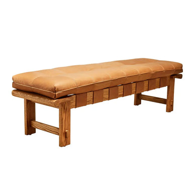 Vintage Tan Leather Upholstered Ottoman for Entryway, Bedroom, Dining Bench