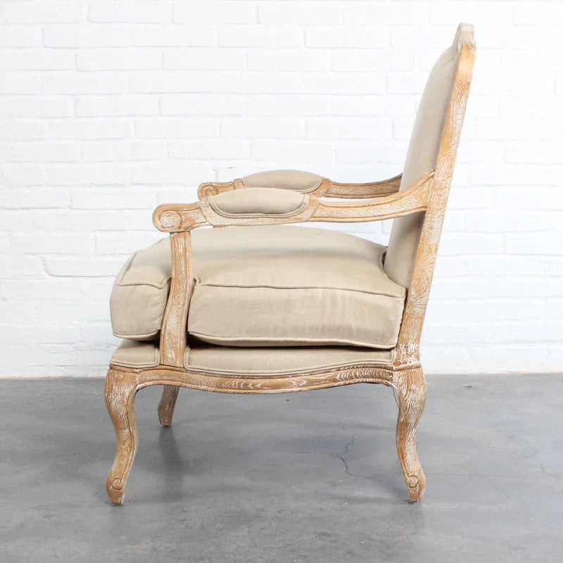 Elegant French Solid Oak Living Room Armchair: Linen/Velvet Upholstered Leisure Chair