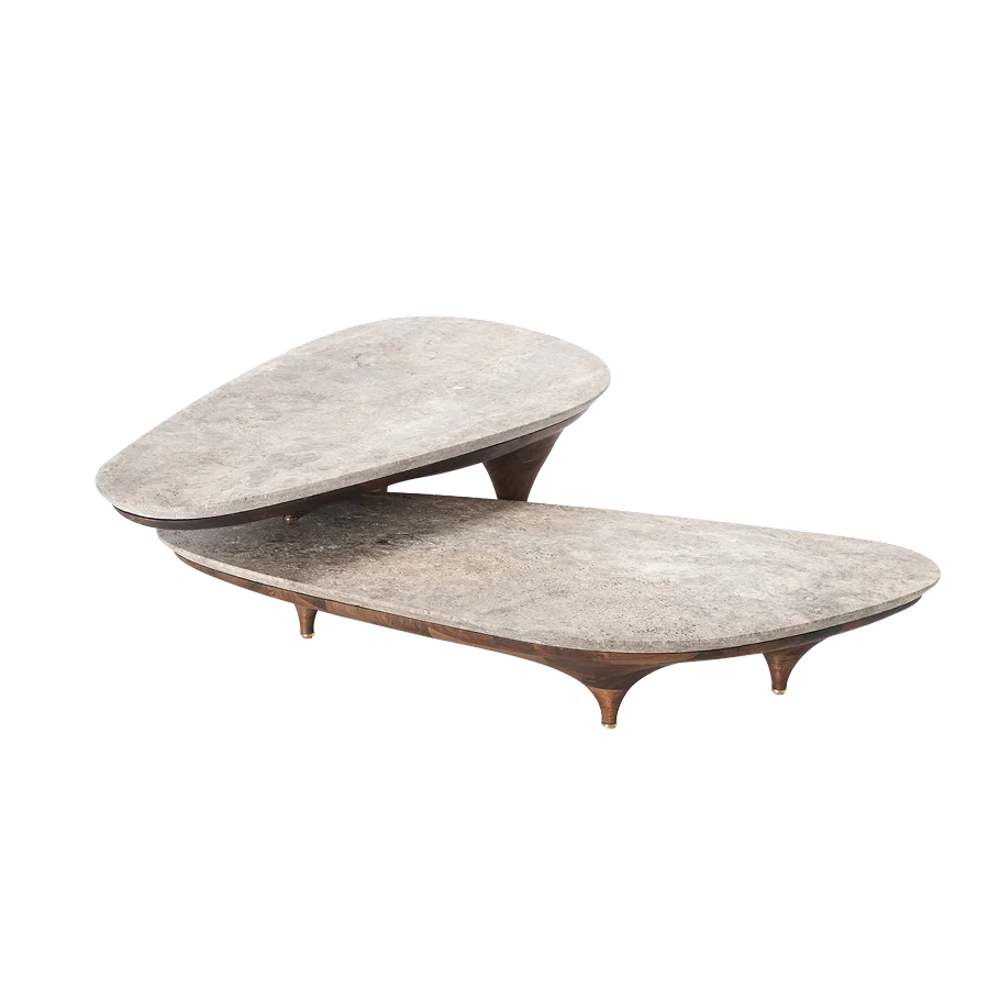 Elegant Nordic Nesting Black Travertine Marble & Walnut Wood Coffee Table