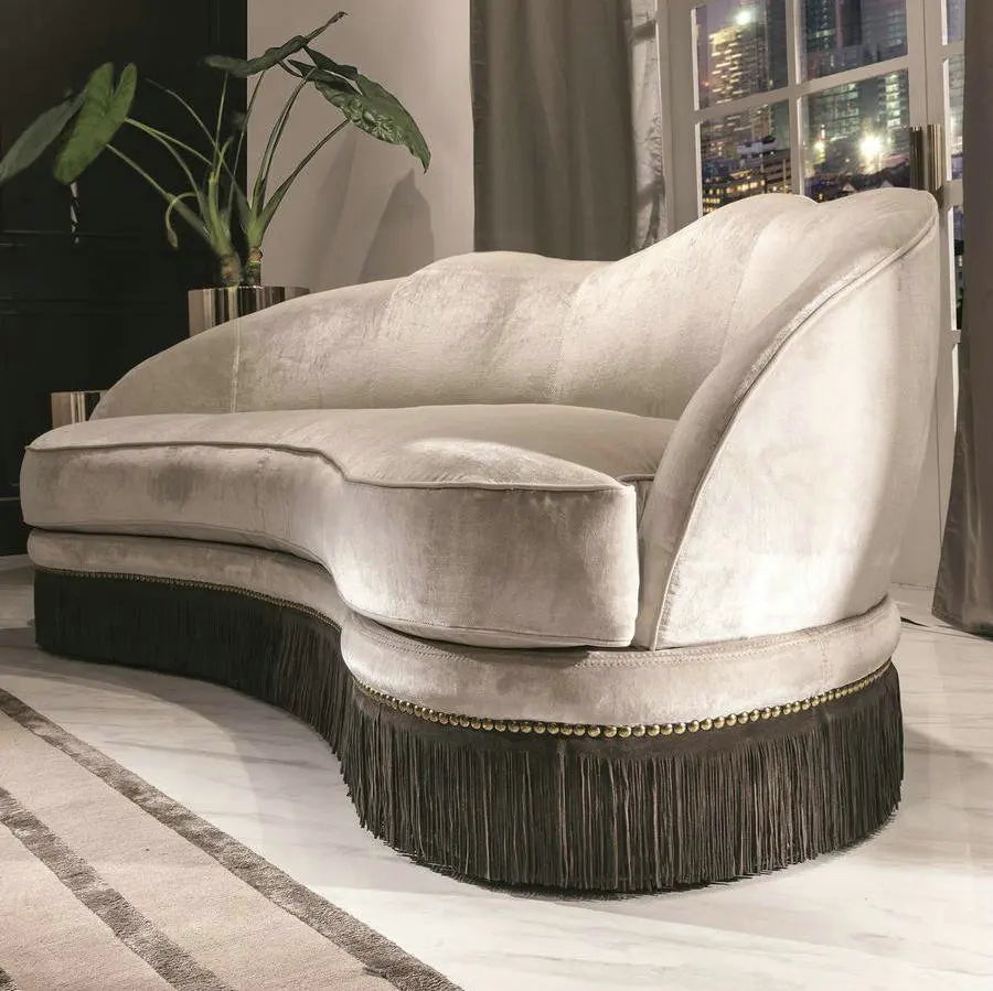 Curved Velvet Fringe Sofa with Goose Feather Cushions, Modern Couch